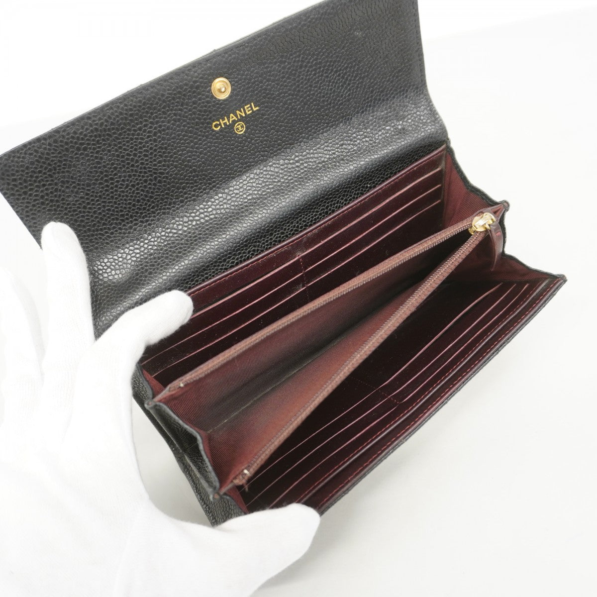 【6fa0475】シャネル 長財布 マトラッセ キャビアスキン ブラック ゴールド金具【中古】レディース