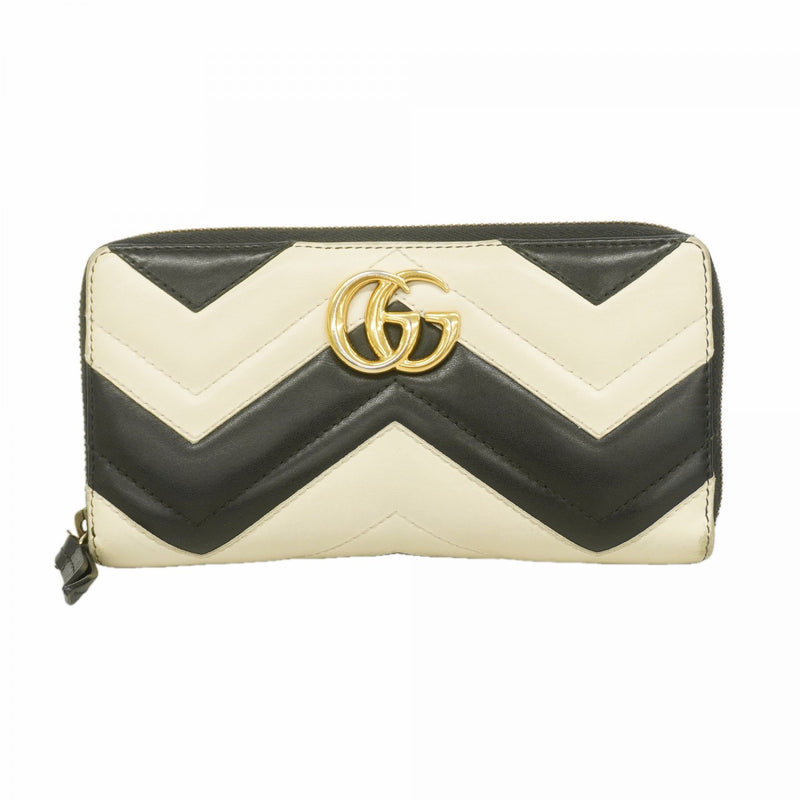 【6fa0497】グッチ 長財布 GGマーモント 443123 レザー ホワイト ブラック ゴールド金具【中古】レディース