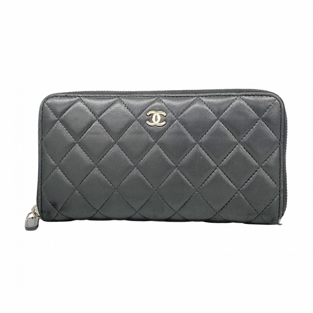 【6fa0548】シャネル 長財布 マトラッセ ラムスキン ブラック シルバー金具【中古】レディース