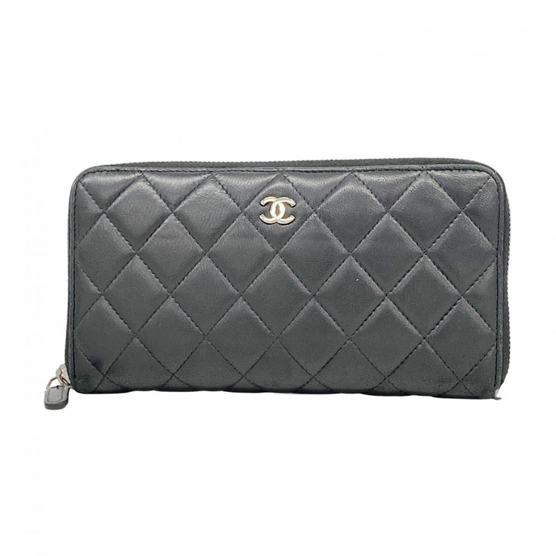 【6fa0548】シャネル 長財布 マトラッセ ラムスキン ブラック シルバー金具【中古】レディース