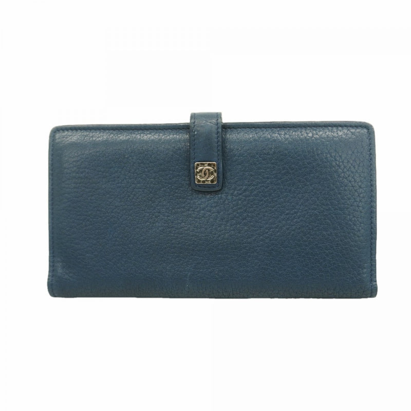 【6fa0678-k】シャネル 長財布 レザー ブルー シルバー金具【中古】レディース