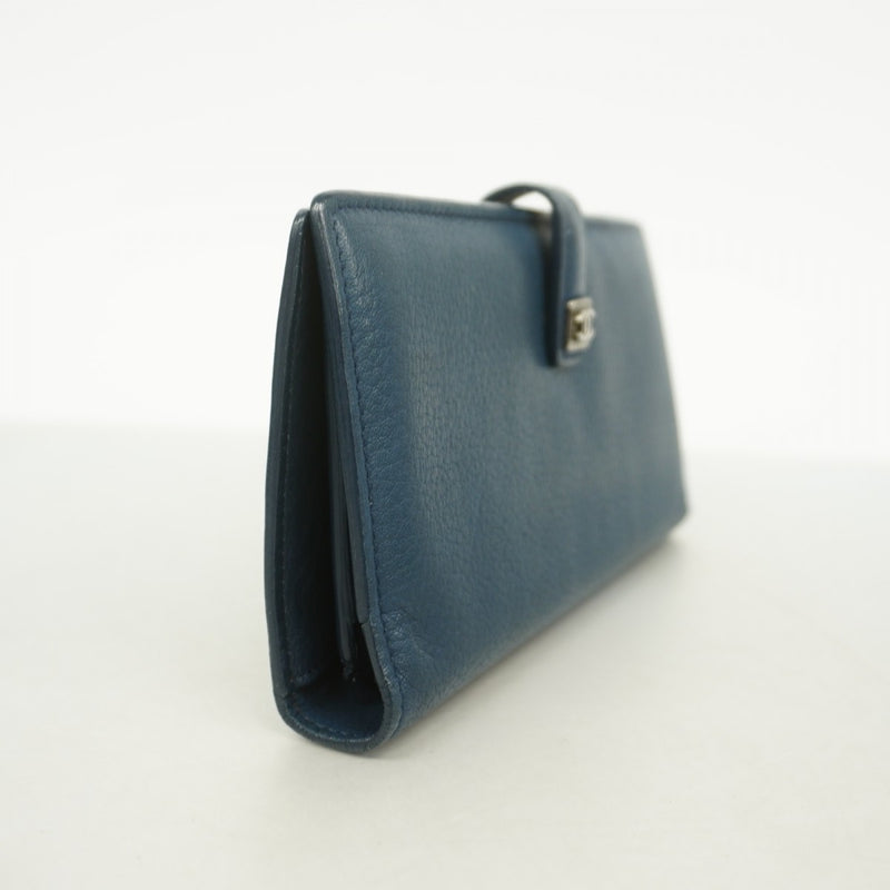 【6fa0678-k】シャネル 長財布 レザー ブルー シルバー金具【中古】レディース