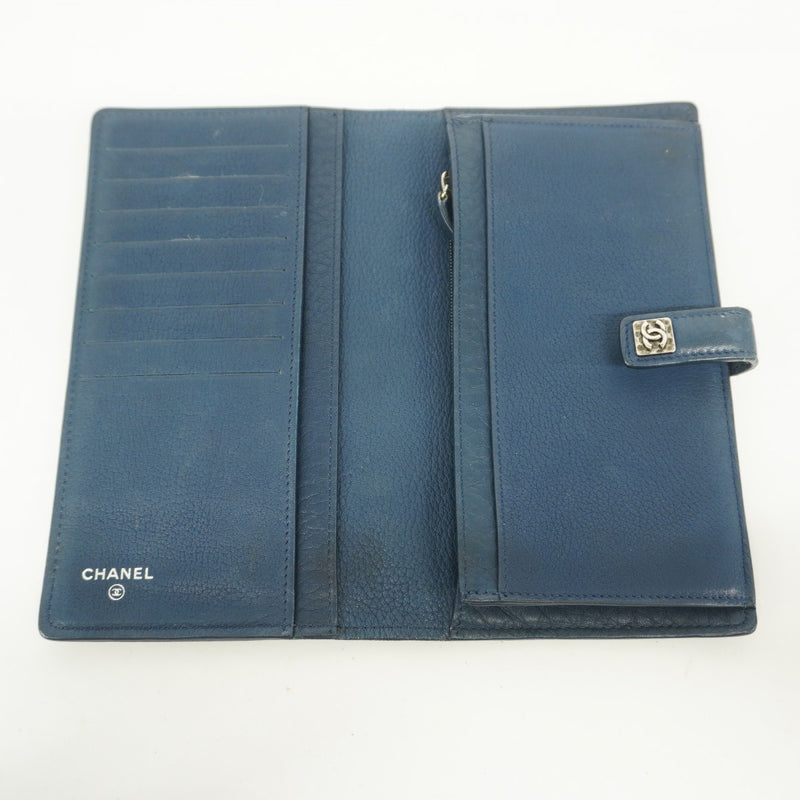【6fa0678-k】シャネル 長財布 レザー ブルー シルバー金具【中古】レディース