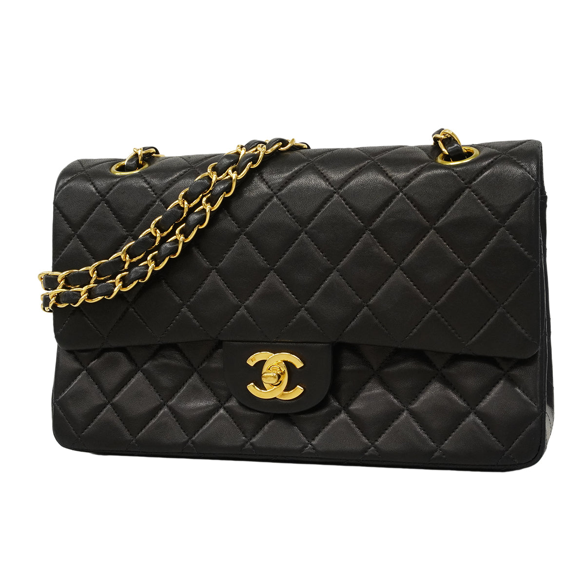 【6fa0732】シャネル ショルダーバッグ マトラッセ Wフラップ Wチェーン ラムスキン ブラック ゴールド金具【中古】レディース
