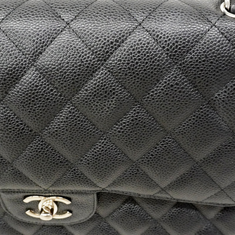【6fa0736】シャネル ショルダーバッグ デカマトラッセ Wフラップ Wチェーン キャビアスキン ブラック シルバー金具【中古】レディース