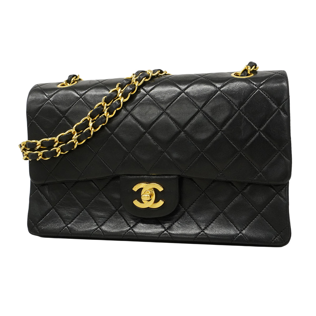【6fa0738】シャネル ショルダーバッグ マトラッセ Wフラップ Wチェーン ラムスキン ブラック ゴールド金具【中古】レディース