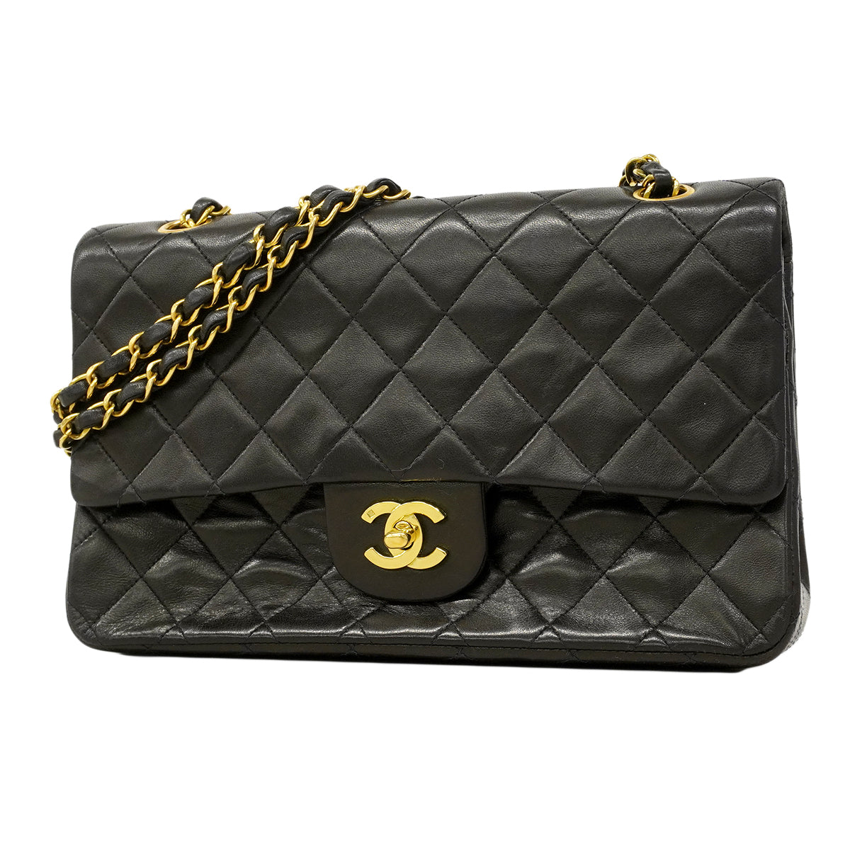 【6fa0794】シャネル ショルダーバッグ マトラッセ Wフラップ Wチェーン ラムスキン ブラック ゴールド金具【中古】レディース