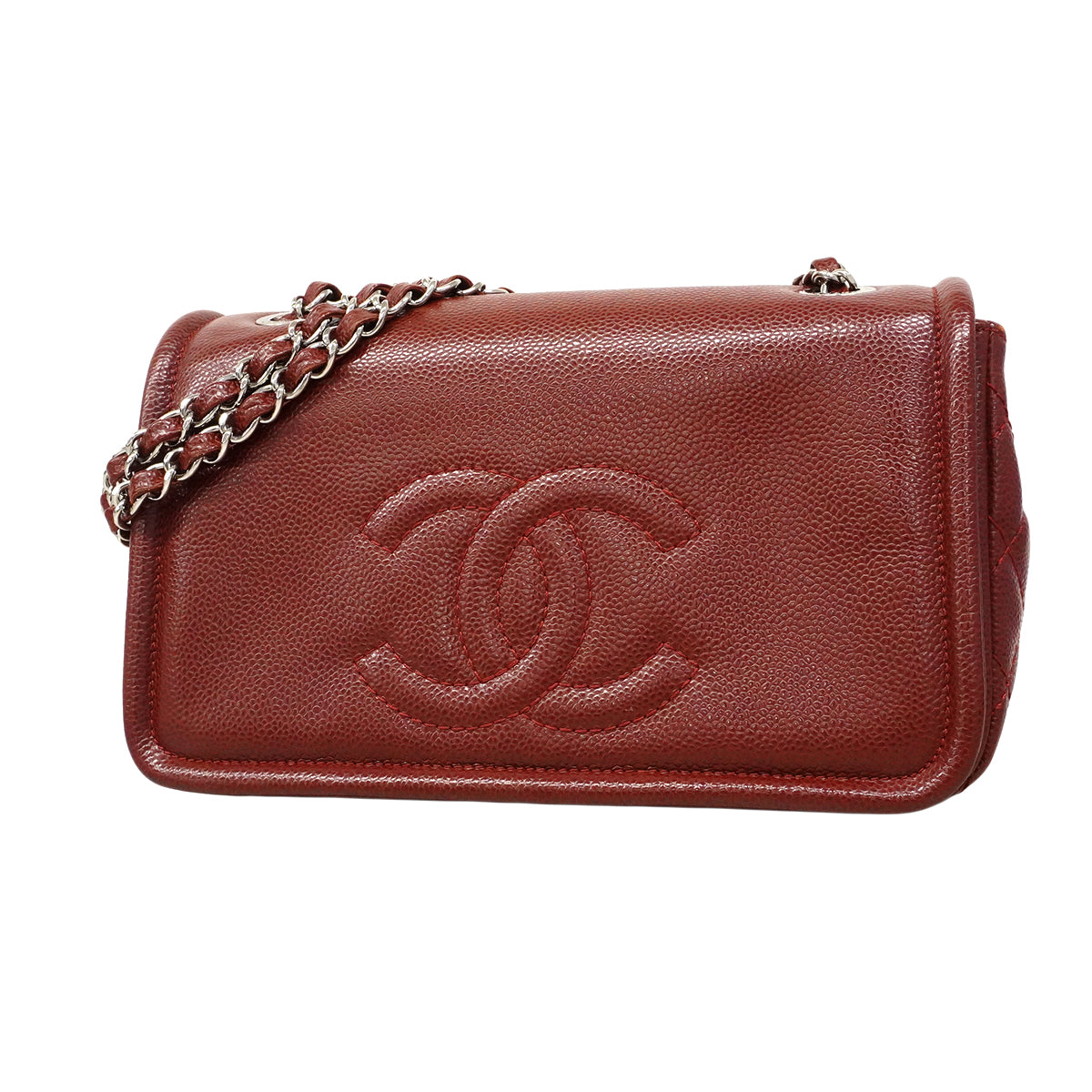 【6fa0811-k】シャネル ショルダーバッグ Wチェーン キャビアスキン レッド シルバー金具【中古】レディース