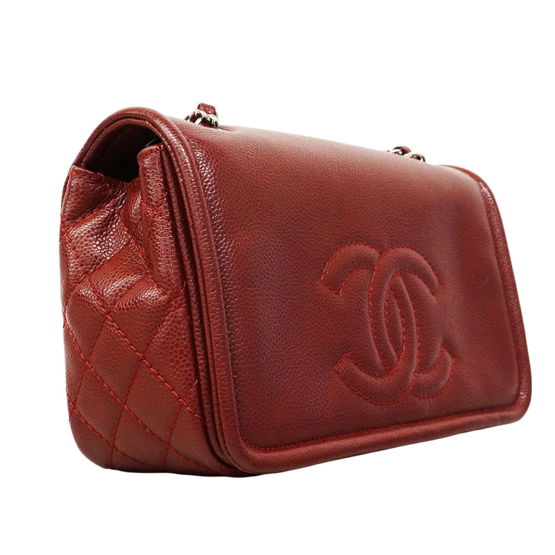 【6fa0811-k】シャネル ショルダーバッグ Wチェーン キャビアスキン レッド シルバー金具【中古】レディース