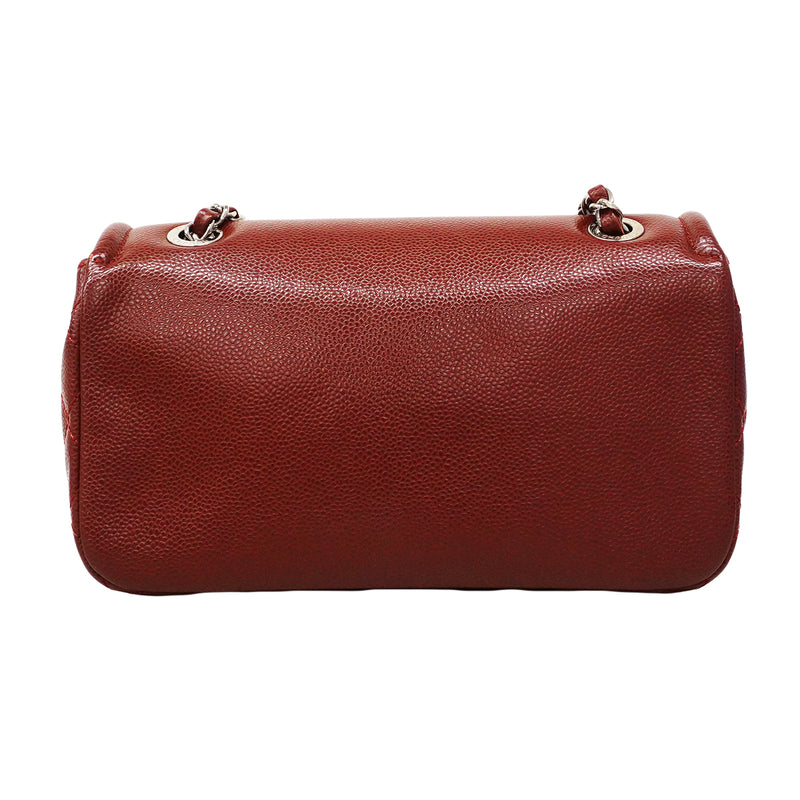 【6fa0811-k】シャネル ショルダーバッグ Wチェーン キャビアスキン レッド シルバー金具【中古】レディース