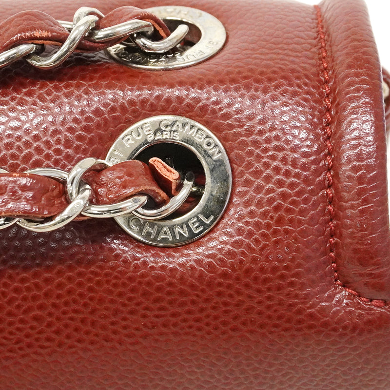【6fa0811-k】シャネル ショルダーバッグ Wチェーン キャビアスキン レッド シルバー金具【中古】レディース