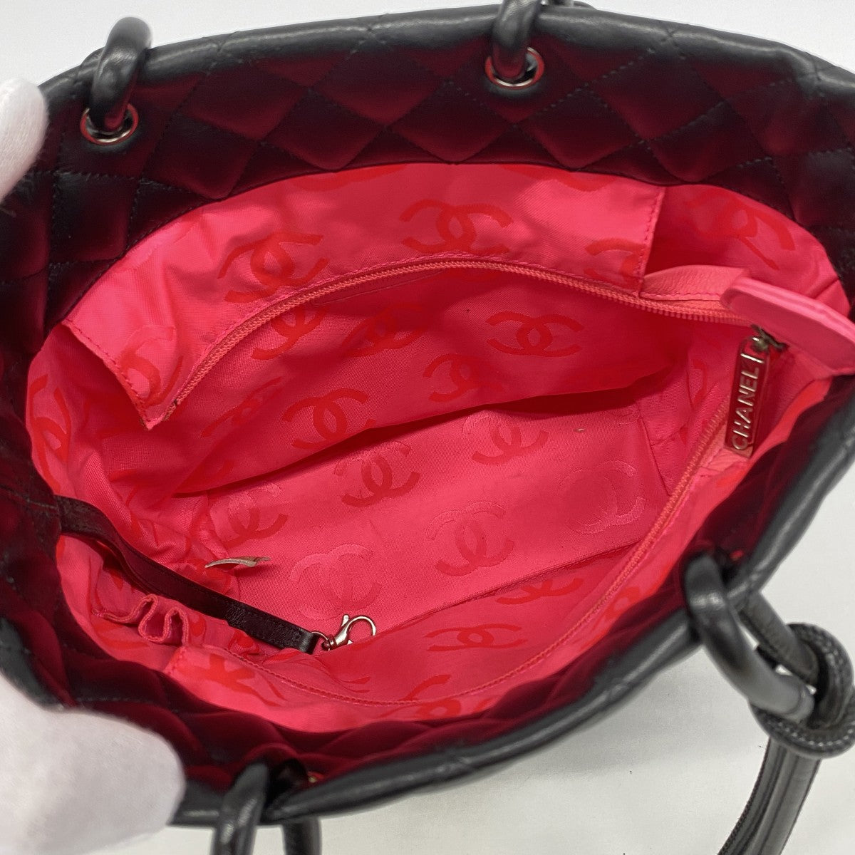 【6fa0852】シャネル トートバッグ カンボン ラムスキン ブラック シルバー金具【中古】レディース