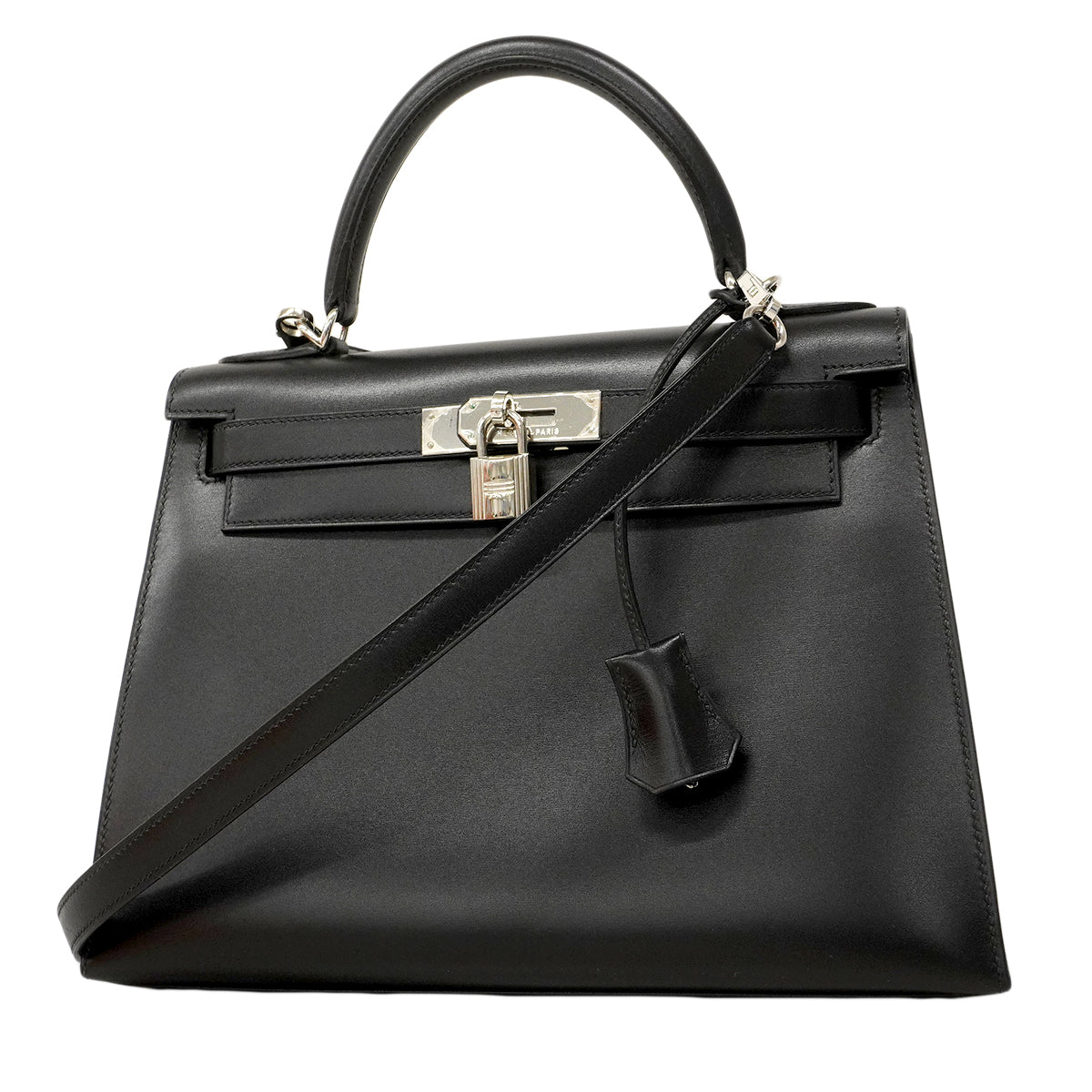 【6fa0891】エルメス ハンドバッグ ケリー28 ボックスカーフ ブラック シルバー金具 □F刻印 2wayバッグ【中古】レディース