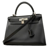 【6fa0891】エルメス ハンドバッグ ケリー28 ボックスカーフ ブラック シルバー金具 □F刻印 2wayバッグ【中古】レディース