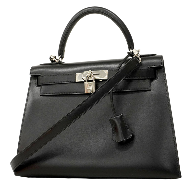 【6fa0891】エルメス ハンドバッグ ケリー28 ボックスカーフ ブラック シルバー金具 □F刻印 2wayバッグ【中古】レディース