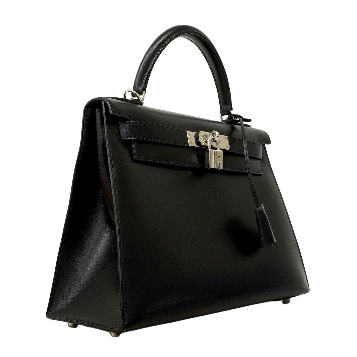 【6fa0891】エルメス ハンドバッグ ケリー28 ボックスカーフ ブラック シルバー金具 □F刻印 2wayバッグ【中古】レディース