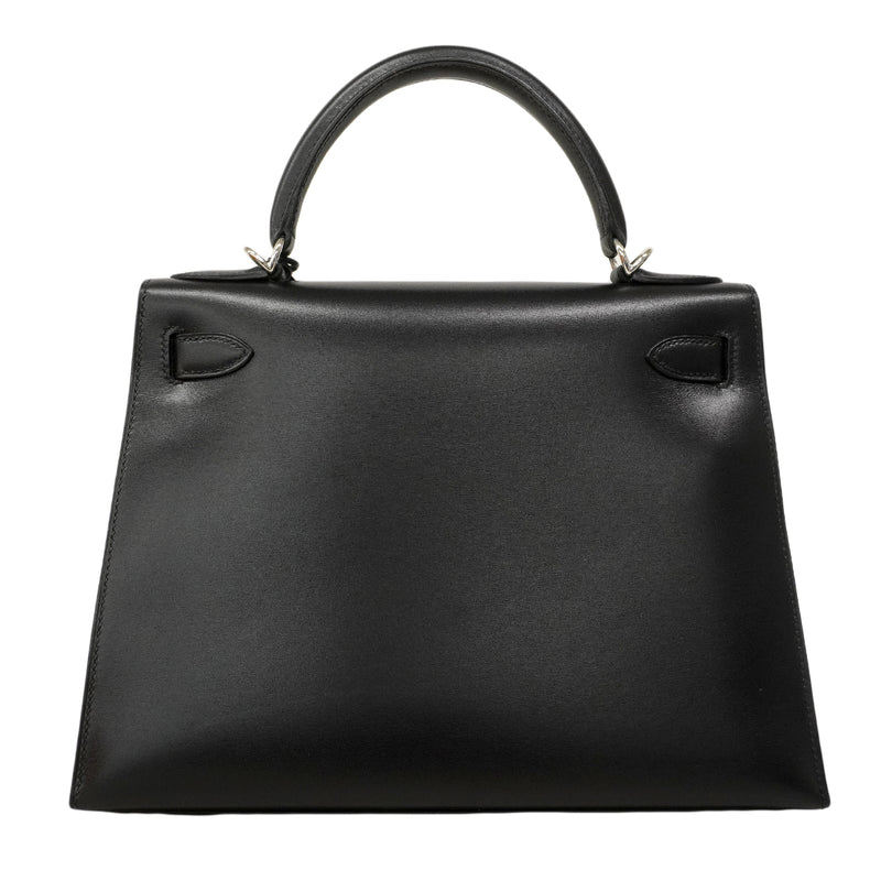 【6fa0891】エルメス ハンドバッグ ケリー28 ボックスカーフ ブラック シルバー金具 □F刻印 2wayバッグ【中古】レディース