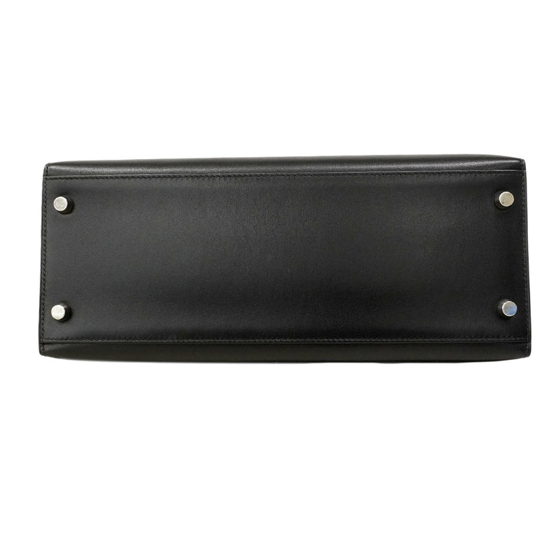 【6fa0891】エルメス ハンドバッグ ケリー28 ボックスカーフ ブラック シルバー金具 □F刻印 2wayバッグ【中古】レディース