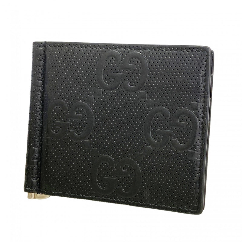 【6fa0917】グッチ マネークリップ GGエンボス 676656 レザー ブラック シルバー金具【中古】メンズ