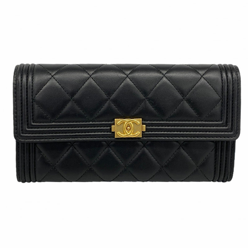 【6fa0933】シャネル 長財布 ボーイシャネル ラムスキン ブラック ゴールド金具【中古】レディース