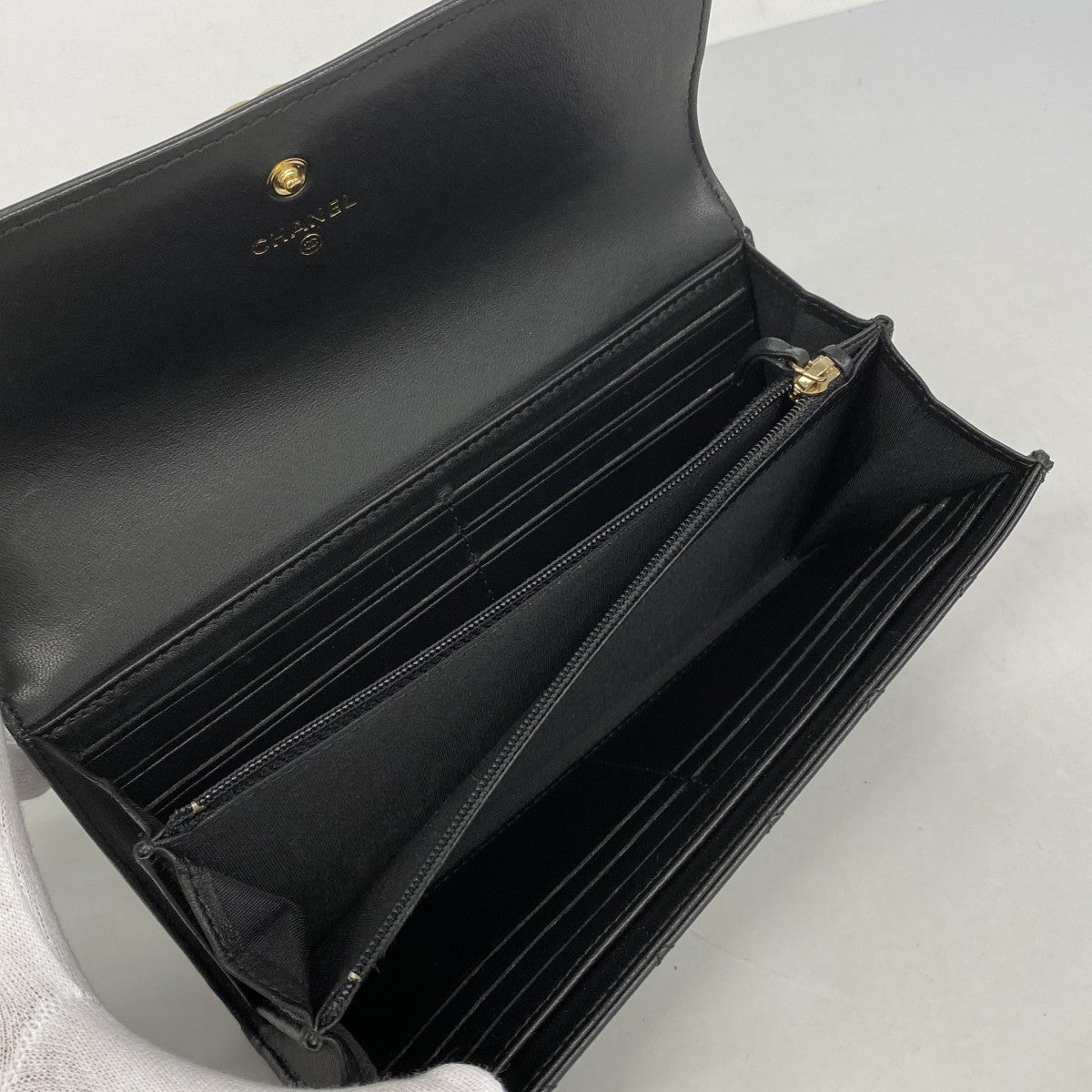 【6fa0933】シャネル 長財布 ボーイシャネル ラムスキン ブラック ゴールド金具【中古】レディース
