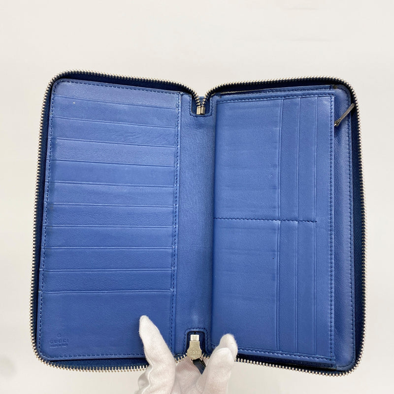【6fa0953】グッチ 長財布 マイクログッチシマ 233194 レザー ブルー シルバー金具【中古】メンズ レディース ユニセックス