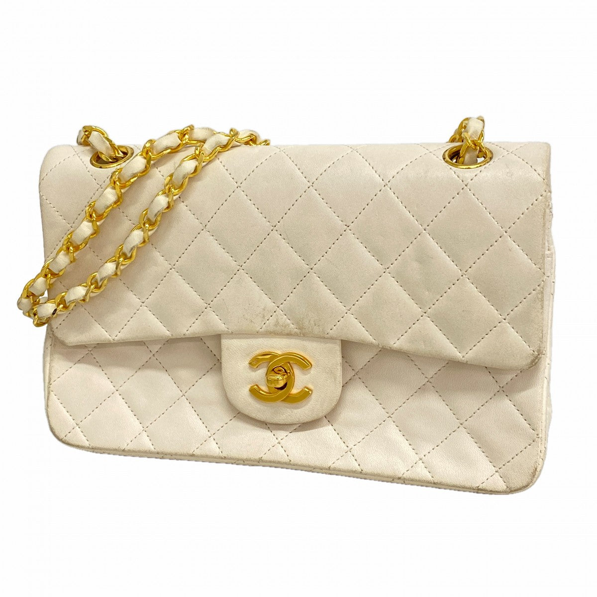 【6fa0955】シャネル ショルダーバッグ マトラッセ ラムスキン ホワイト ゴールド金具【中古】レディース
