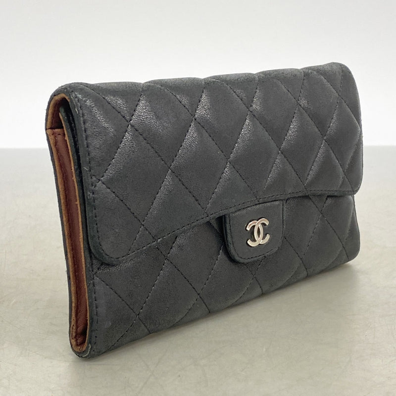 【6fa0974】シャネル 三つ折り長財布 マトラッセ ラムスキン ブラック シルバー金具【中古】レディース