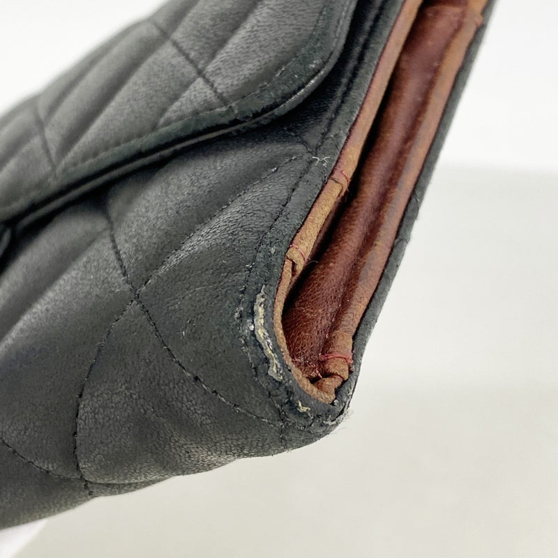 【6fa0974】シャネル 三つ折り長財布 マトラッセ ラムスキン ブラック シルバー金具【中古】レディース