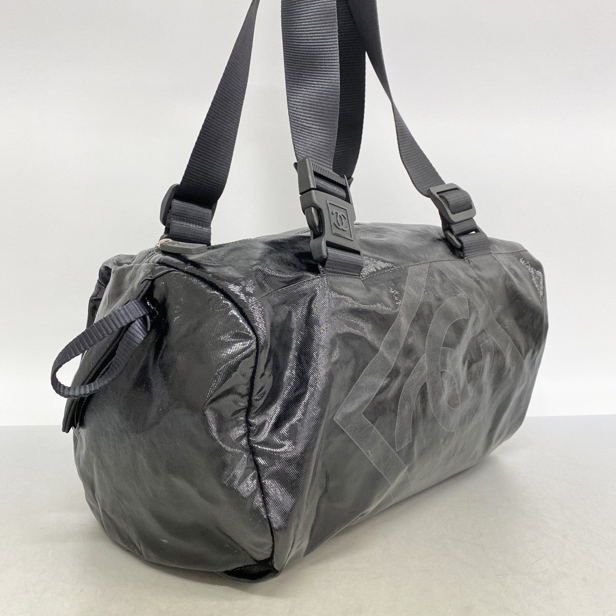 【6fa0990-k】シャネル ボストンバッグ スポーツ コーティングキャンバス ブラック シルバー金具【中古】レディース