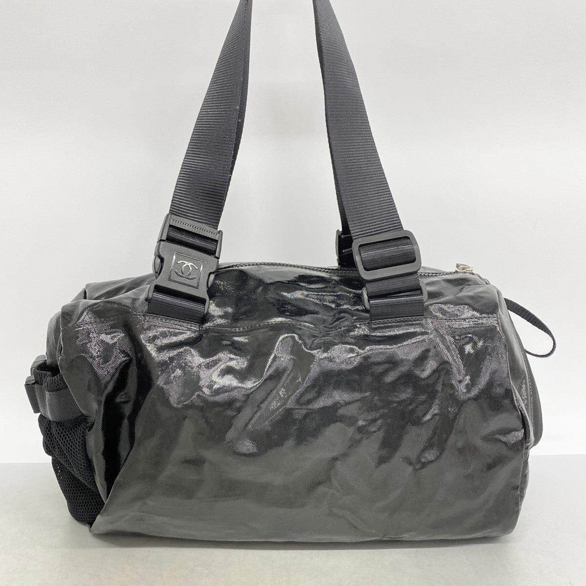 【6fa0990-k】シャネル ボストンバッグ スポーツ コーティングキャンバス ブラック シルバー金具【中古】レディース
