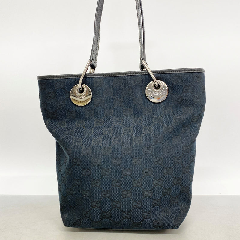 【6fa0991-k】グッチ トートバッグ GGキャンバス 120840 キャンバス ブラック ネイビー シルバー金具【中古】レディース