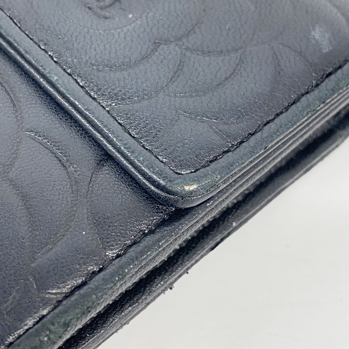 【6fa1014】シャネル 長財布 カメリア ラムスキン ブラック シルバー金具【中古】レディース