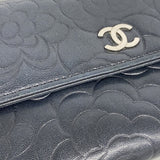 【6fa1014】シャネル 長財布 カメリア ラムスキン ブラック シルバー金具【中古】レディース