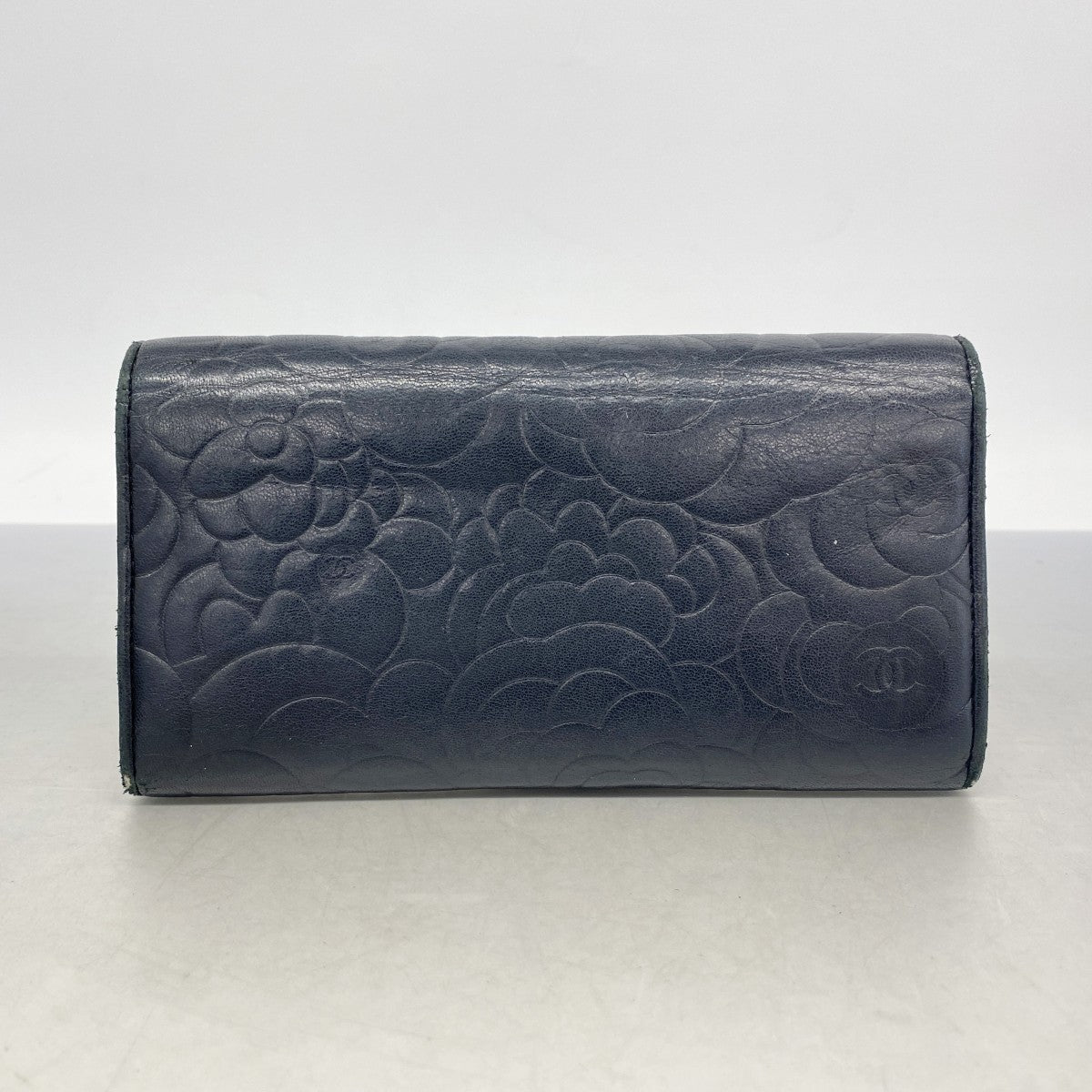 【6fa1014】シャネル 長財布 カメリア ラムスキン ブラック シルバー金具【中古】レディース