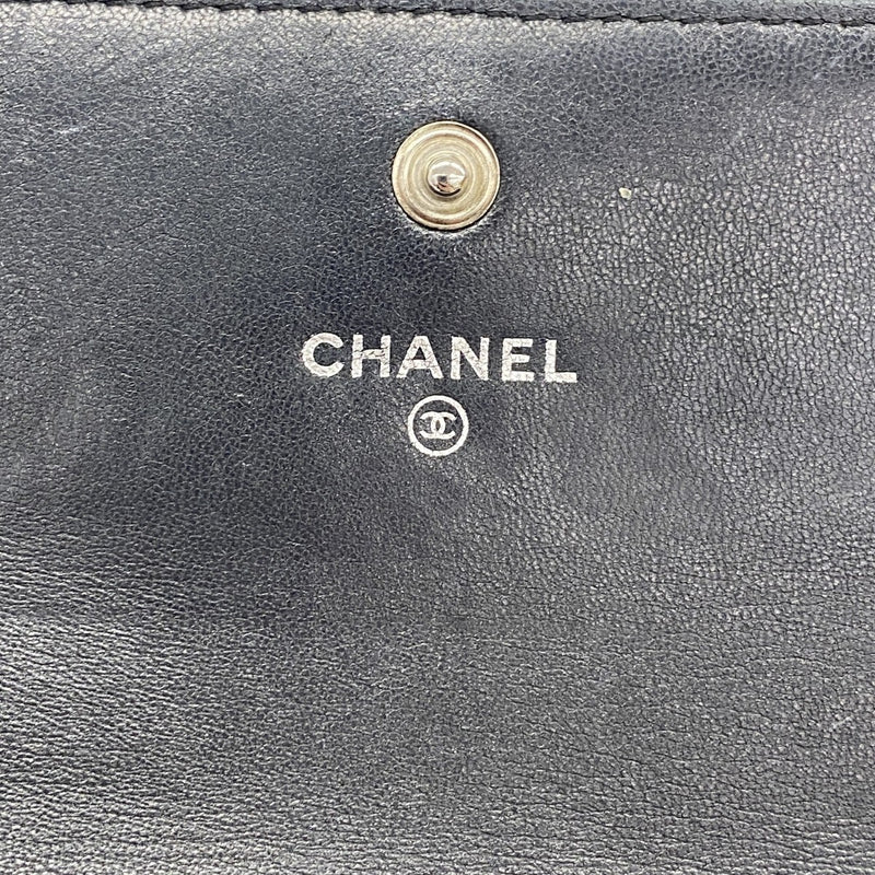 【6fa1014】シャネル 長財布 カメリア ラムスキン ブラック シルバー金具【中古】レディース