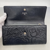 【6fa1014】シャネル 長財布 カメリア ラムスキン ブラック シルバー金具【中古】レディース