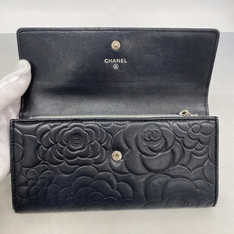 【6fa1014】シャネル 長財布 カメリア ラムスキン ブラック シルバー金具【中古】レディース