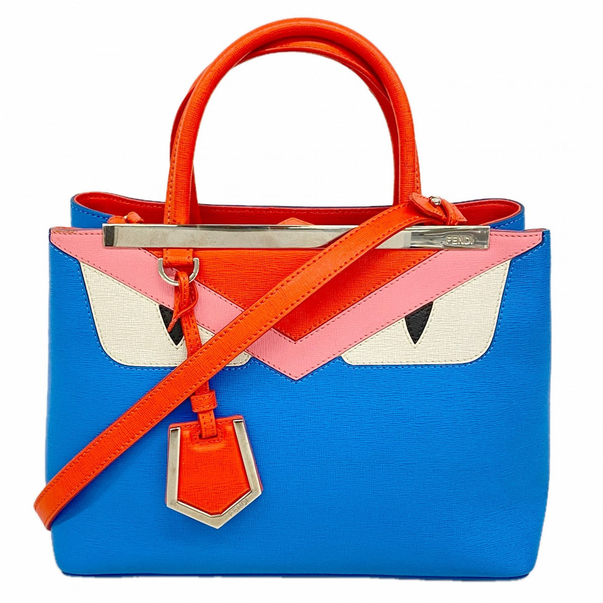 【6fa1088】フェンディ ハンドバッグ モンスター レザー ブルー レッド シルバー金具 2wayバッグ【中古】レディース