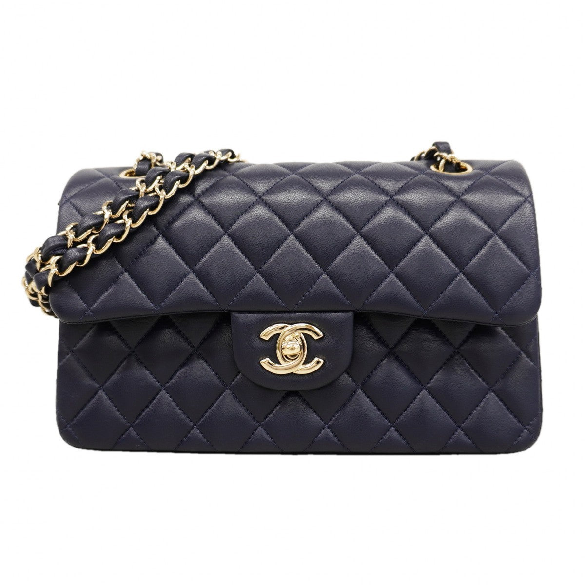 【6fa1148】シャネル ショルダーバッグ マトラッセ Wフラップ Wチェーン ラムスキン ネイビー シャンパンゴールド金具【中古】レディース