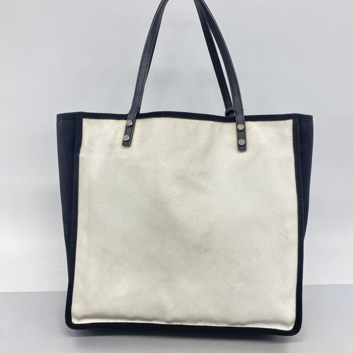 【6fa1173】シャネル トートバッグ キャンバス ホワイト ブラック シルバー金具【中古】レディース
