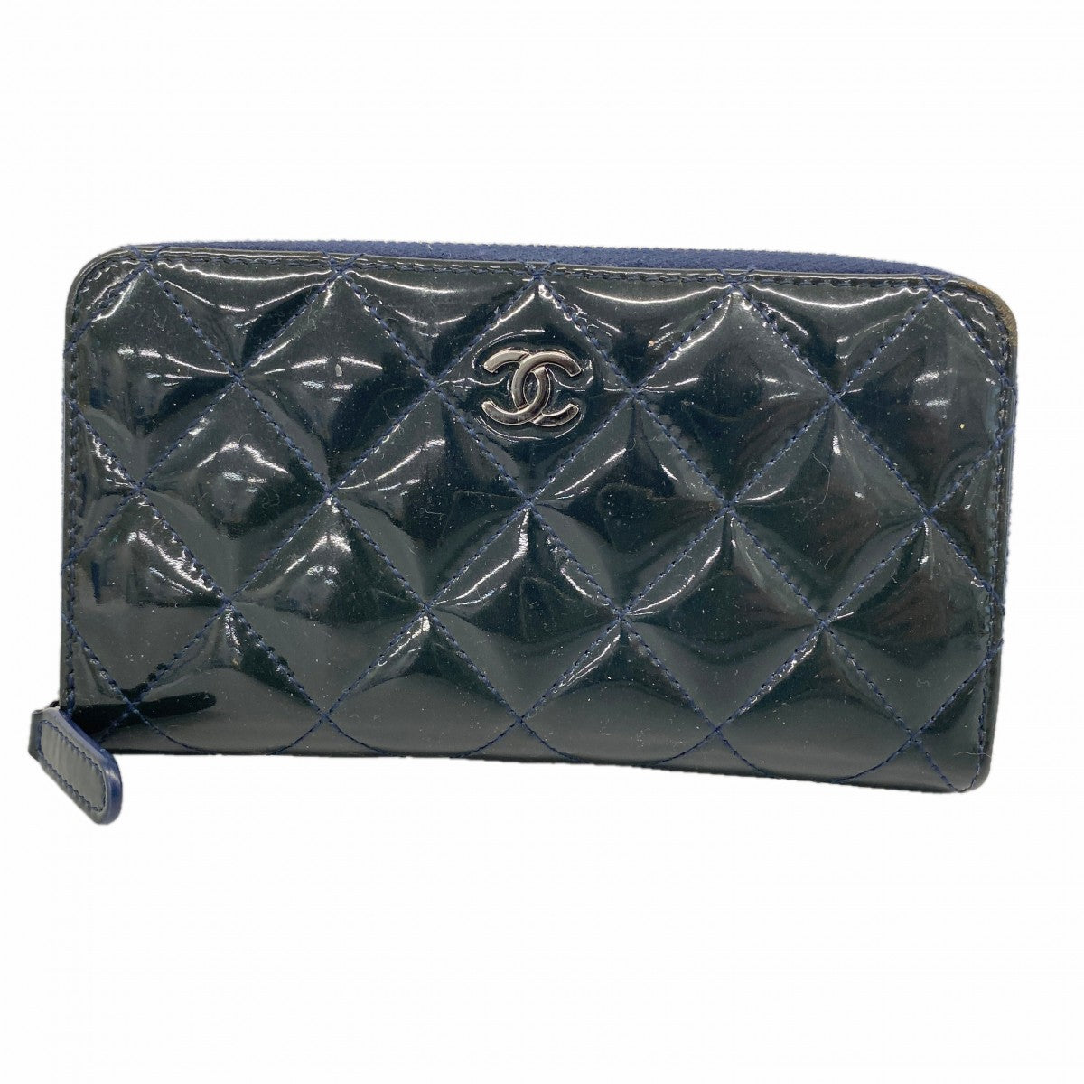 【6fa1264-k】シャネル コインケース マトラッセ パテントレザー ネイビー シルバー金具【中古】レディース