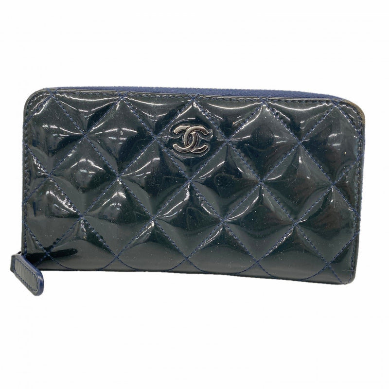 【6fa1264-k】シャネル コインケース マトラッセ パテントレザー ネイビー シルバー金具【中古】レディース