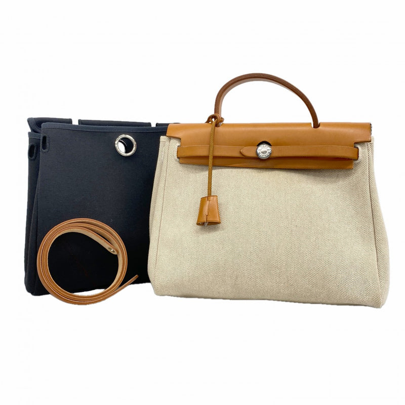 【6fa1278】エルメス ハンドバッグ エールバックPM トワルアッシュ ナチュラル シルバー金具 □E刻印【中古】レディース