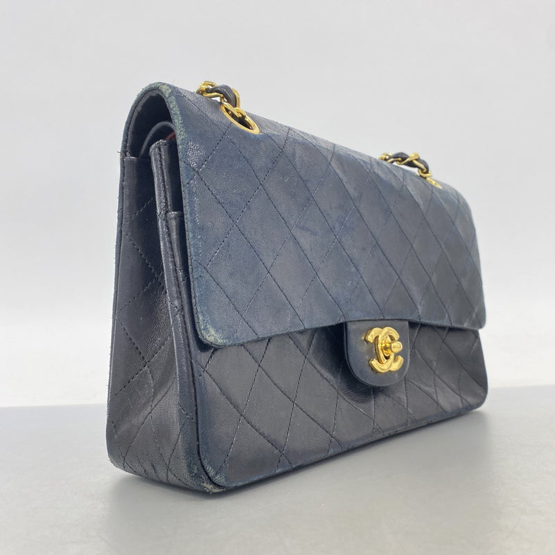 【6fa1307】シャネル ショルダーバッグ マトラッセ Wフラップ Wチェーン ラムスキン ブラック ゴールド金具【中古】レディース