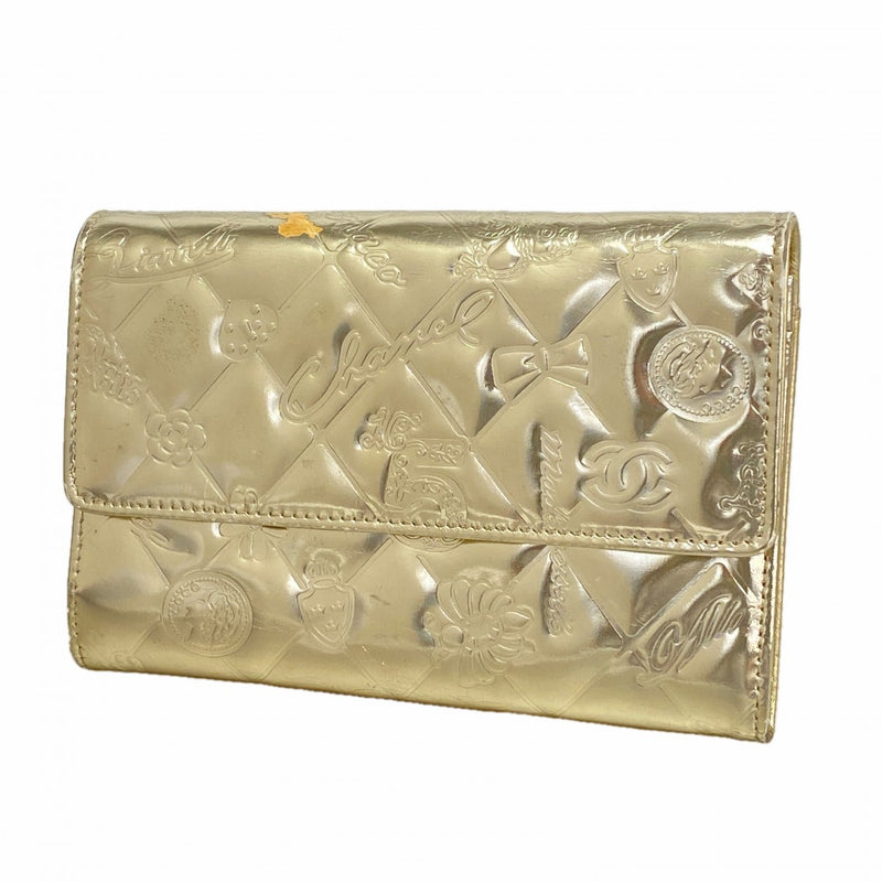 【6fa1383-k】シャネル 財布 アイコン パテントレザー シャンパンゴールド ゴールド金具【中古】レディース