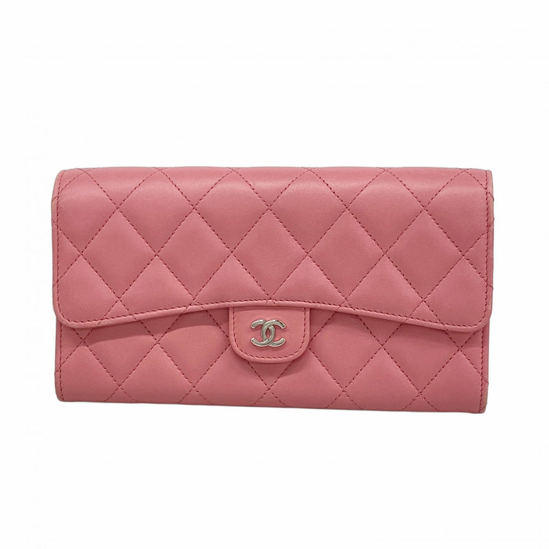 【6fa1395-k】シャネル 長財布 マトラッセ ラムスキン ピンク シルバー金具【中古】レディース