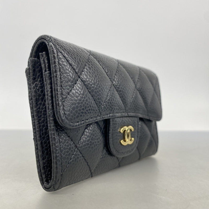 【6fa1411-k】シャネル カードケース マトラッセ キャビアスキン ブラック ゴールド金具【中古】レディース