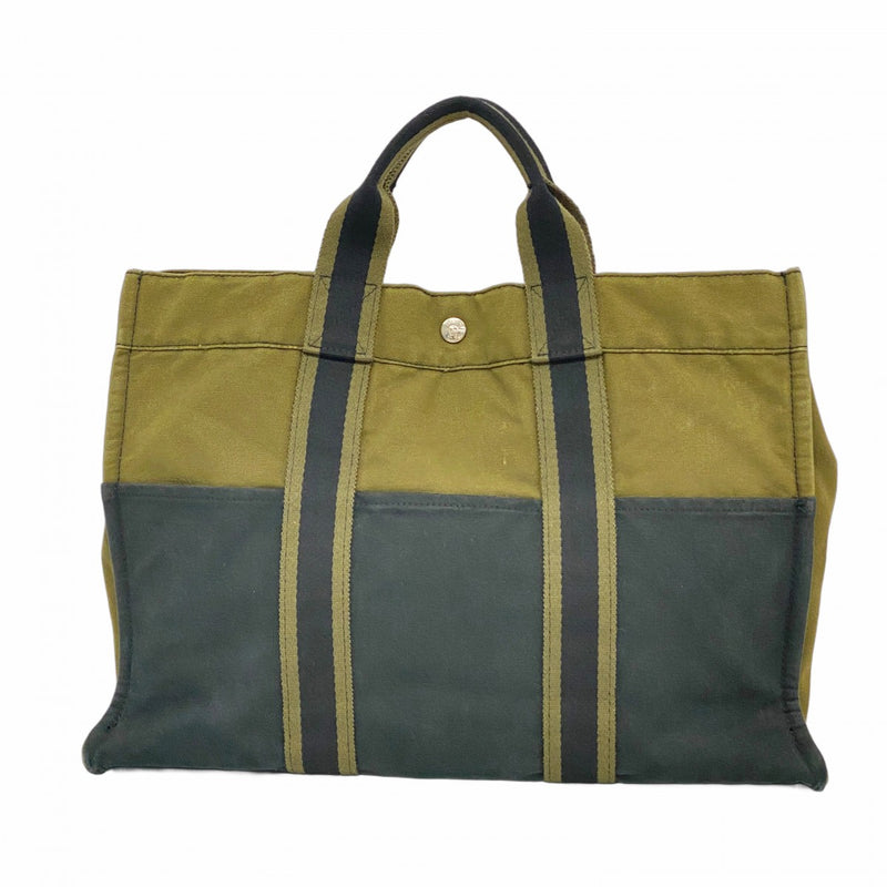【6fa1424-k】エルメス トートバッグ フールトゥMM キャンバス ブラック カーキ シルバー金具【中古】レディース