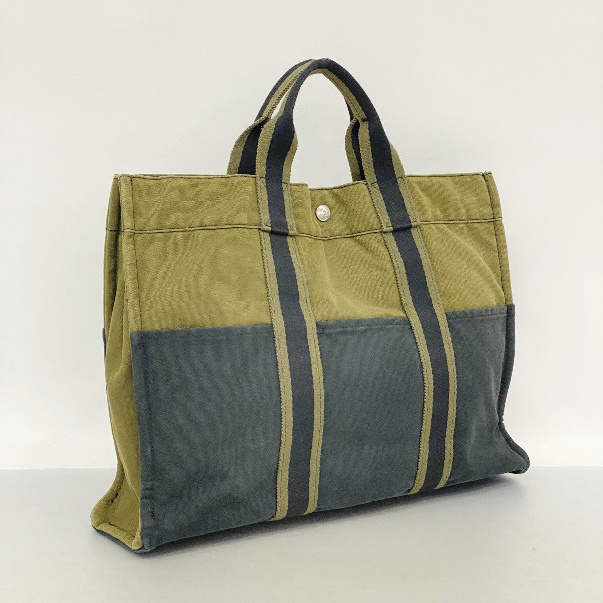 【6fa1424-k】エルメス トートバッグ フールトゥMM キャンバス ブラック カーキ シルバー金具【中古】レディース